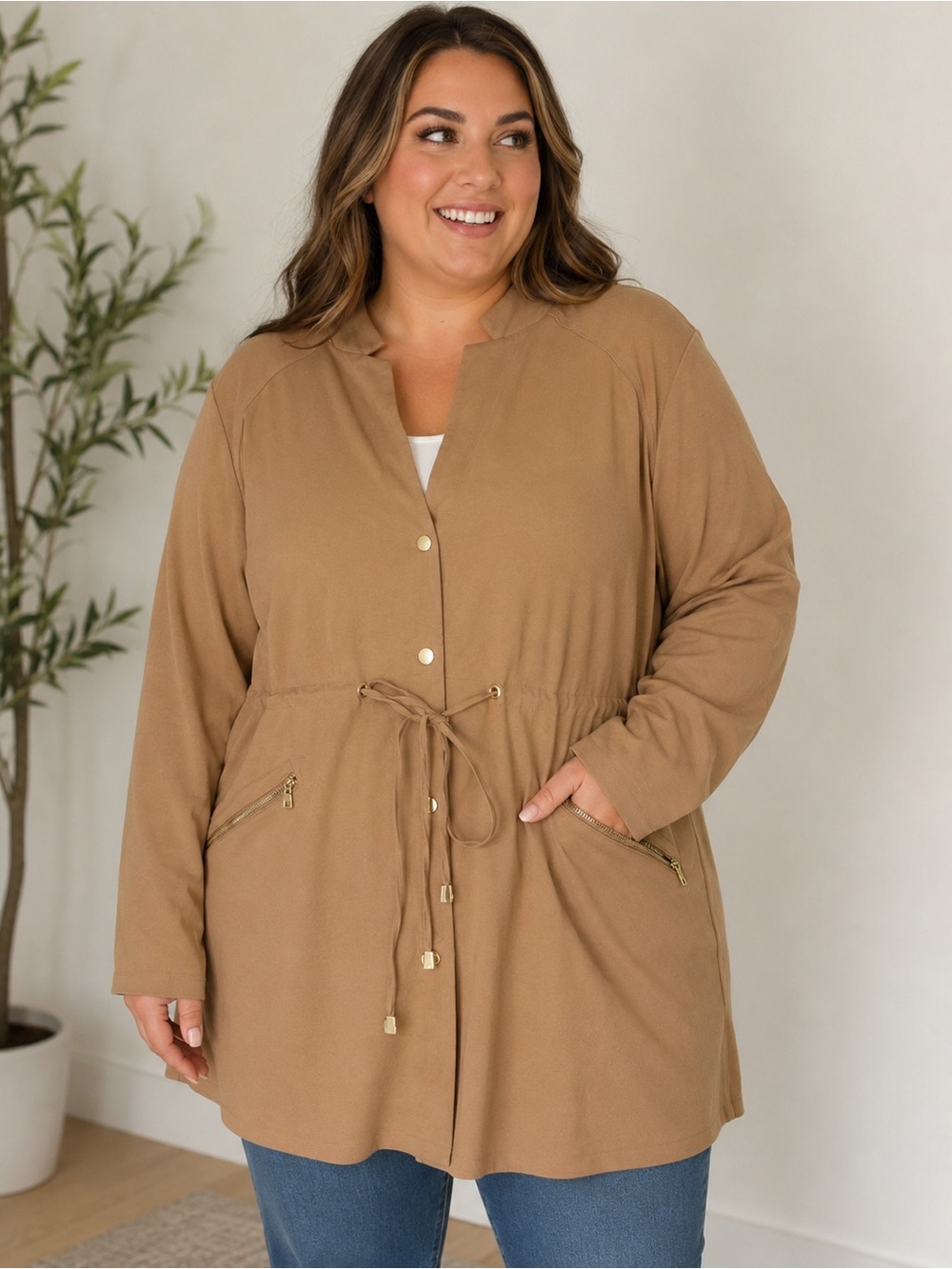Chico’s Size 3 Utility Jacket Trench Coat Tan Drawstring Lightweight XL